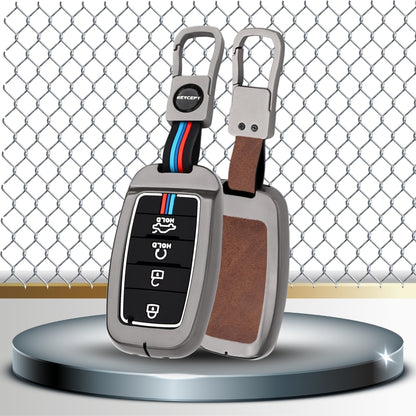 Keycept Metal Alloy Car Key Cover for Kia Seltos, Sonet, Carens 4 Button Smart Key with Keychain (BLACK AND TAN)