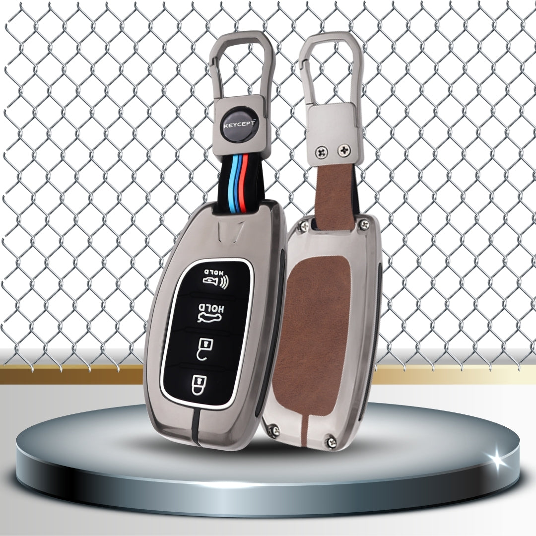 Hyundai Metal Alloy Key Cover with Keychain (Dual Black & Tan)