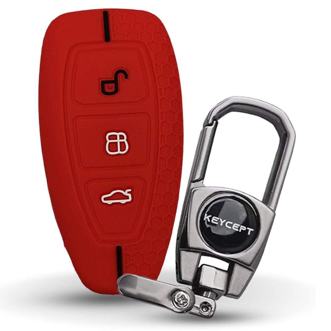 Red Silicone key cover Compatible for Ford Ecosport Smart Key with keychain