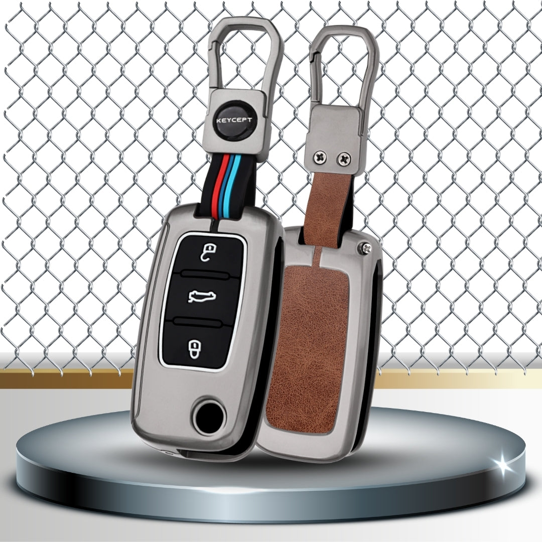 Keycept Metal Alloy Car Key Cover for Skoda/ Volkswagen Polo, Vento, Jetta, Ameo, Passat, Rapid, Laura, Superb, Octavia, Fabia, Yeti  - 3 button Flip Key with Keychain (Black And Tan)