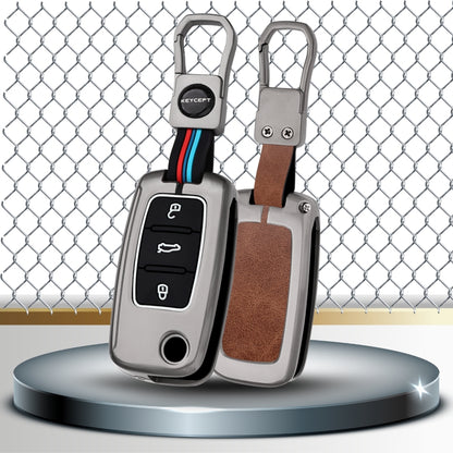 Keycept Metal Alloy Car Key Cover for Skoda/ Volkswagen Polo, Vento, Jetta, Ameo, Passat, Rapid, Laura, Superb, Octavia, Fabia, Yeti  - 3 button Flip Key with Keychain (Black And Tan)