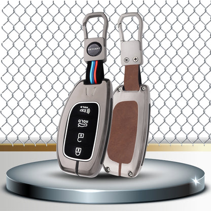 Hyundai Metal Alloy Key Cover with Keychain (Black And Tan)