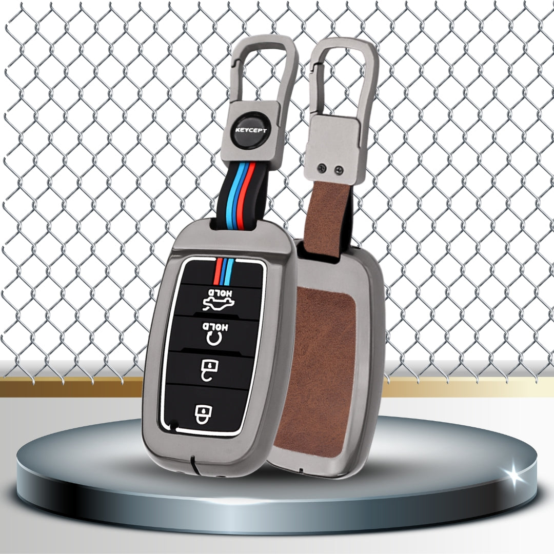 Keycept Metal Alloy Car Key Cover for Kia Seltos, Sonet, Carens Key Cover with Keychain (Dual Black & Tan)