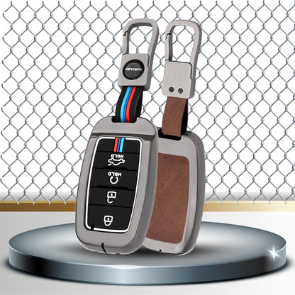 Keycept Metal Alloy Car Key Cover for Kia Seltos, Sonet, Carens Key Cover with Keychain (Dual Black & Tan)