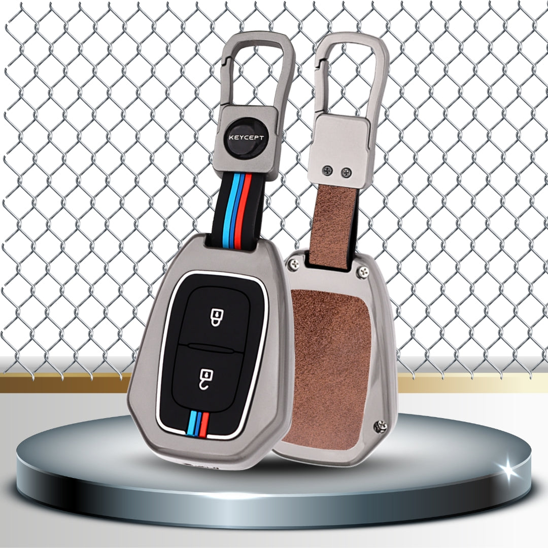 Keycept Metal Alloy Car Key Cover for Renault Kiger, Kwid, Duster 2 Button Remote Key Cover with Keychain (Dual Black & Tan)