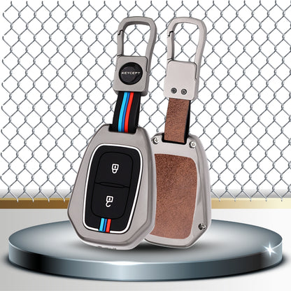 Keycept Metal Alloy Car Key Cover for Renault Kiger, Kwid, Duster 2 Button Remote Key Cover with Keychain (Dual Black & Tan)