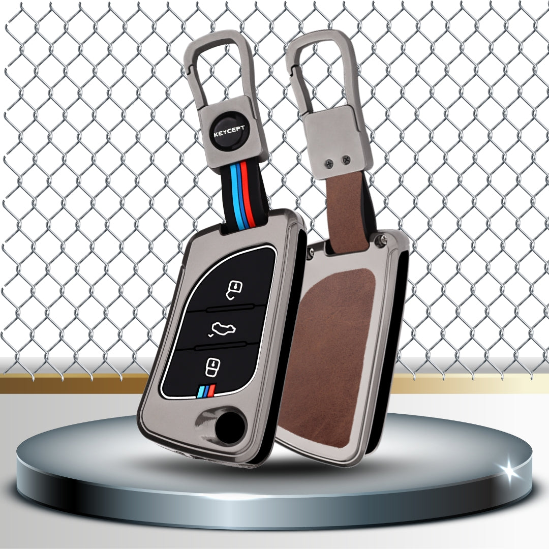 Keycept Metal Alloy Car Key Cover for Universal KD/ Xhorse, LX-B30 universal remote flip Key Cover with Keychain (Dual Black & Tan)