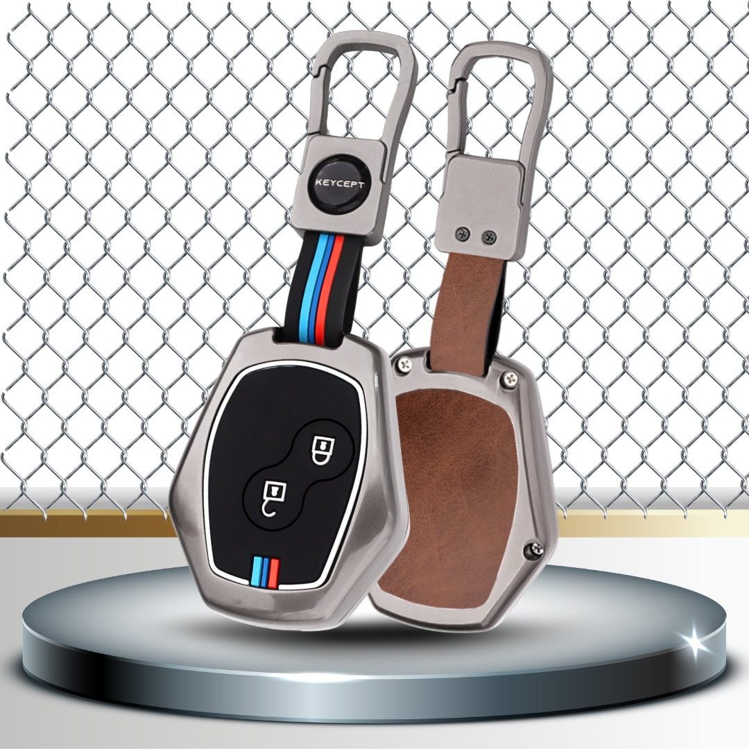 Keycept Metal Alloy Car Key Cover for Renault Logan, Duster, Verito, Lodgy 2 Button Key Cover with Keychain (Dual Black & Tan)
