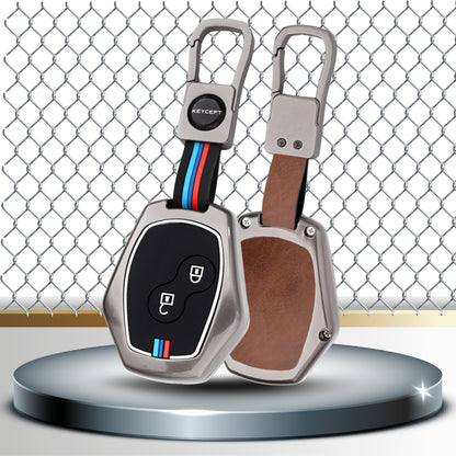 Keycept Metal Alloy Car Key Cover for Renault Logan, Duster, Verito, Lodgy 2 Button Key Cover with Keychain (Dual Black & Tan)