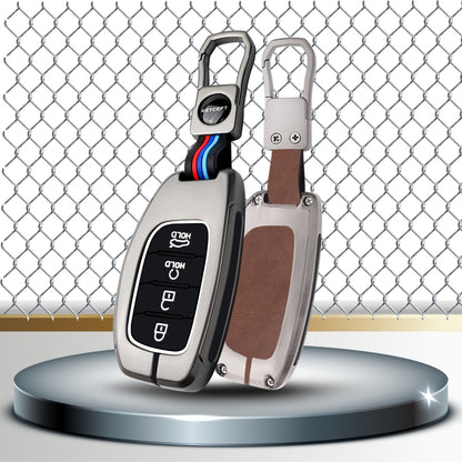 Keycept Metal Alloy Car Key Cover for Hyundai Alcazar, Creta, Tucson - 4 Button Smart Key with Keychain (Black And Tan)