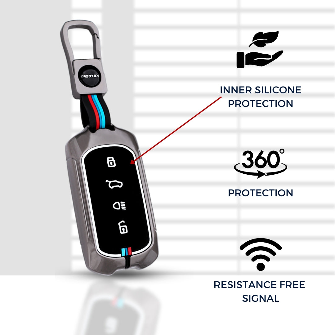 Keycept Metal Alloy Car Key Cover for Tata Curvv, Curvv EV Smart Key Cover with Keychain (Dual Black & Tan)