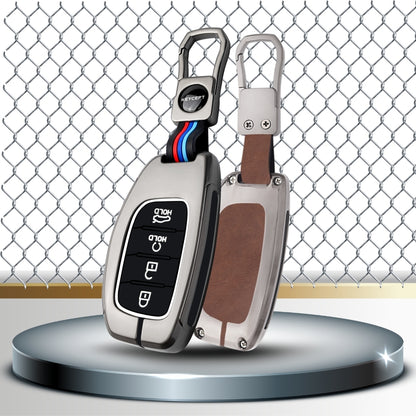 Keycept Metal Alloy Car Key Cover for Hyundai Alcazar, Creta, Tucson - 4 Button Smart Key with Keychain (Dual Black & Tan)