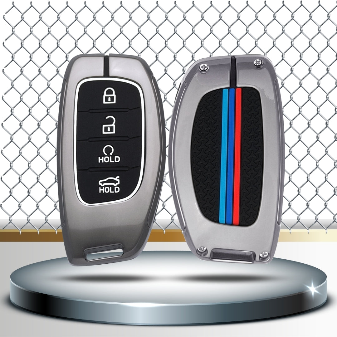 Keycept Metal Alloy Key Cover Compatible with Hyundai Alcazar, Creta, Tucson - 4 Button Smart Key Cover with Keychain