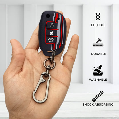 Keycept Tristar Silicone Car Key Cover for Hyundai Creta, Venue, Aura, i20, Grand i10 Nios, Xcent 3 Button Flip Key with Keychain (Type K1)