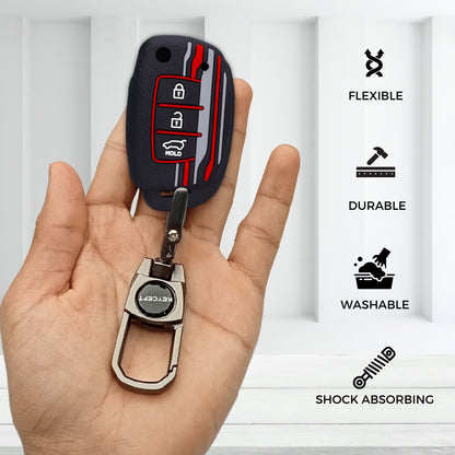 Keycept Tristar Silicone Car Key Cover for Hyundai Creta, Venue, Aura, i20, Grand i10 Nios, Xcent 3 Button Flip Key with Keychain (Type K2)