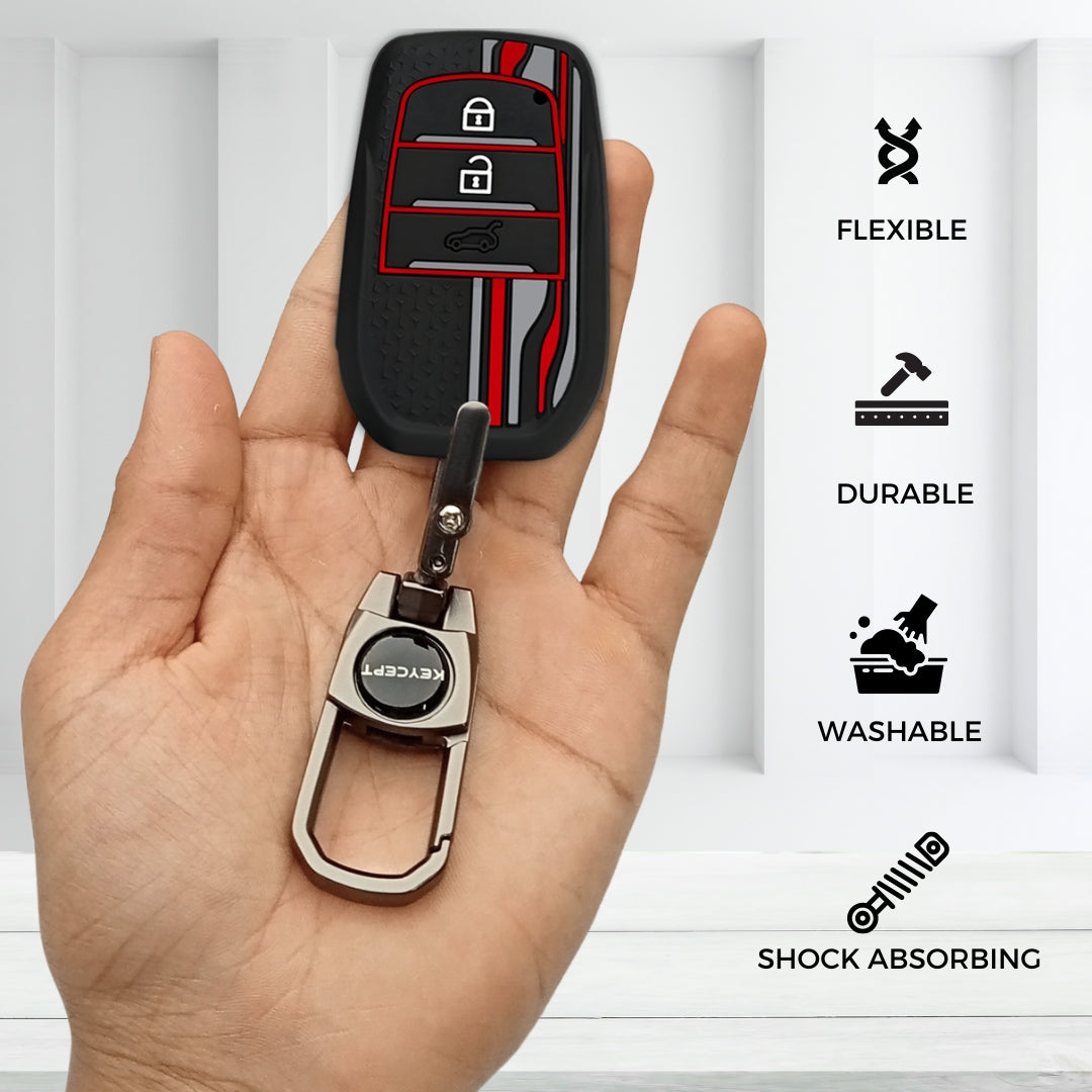 TriStar Silicone Key Cover for Toyota Innova, Crysta, Hycross & Fortuner 3 Button Smart Key with Keychain