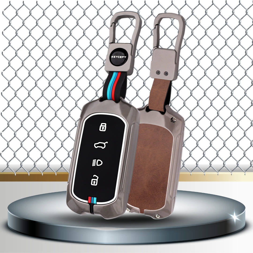 Keycept Metal Alloy Car Key Cover for Tata Curvv, Curvv EV Smart Key Cover with Keychain (Dual Black & Tan)