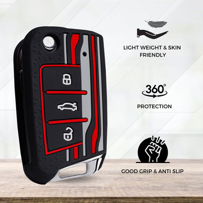 Keycept Tristar Silicone Car Key Cover for Skoda Kushaq, Octavia, Kodiaq, Superb, Slavia, Passat, Virtus, T Roc 3 Button Flip Key with Keychain (Type K4)