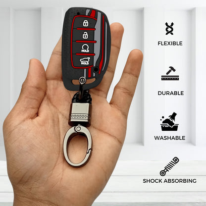 Black TriStar Silicone Key Cover for Hyundai Alcazar, Creta 2021+ With Keychain