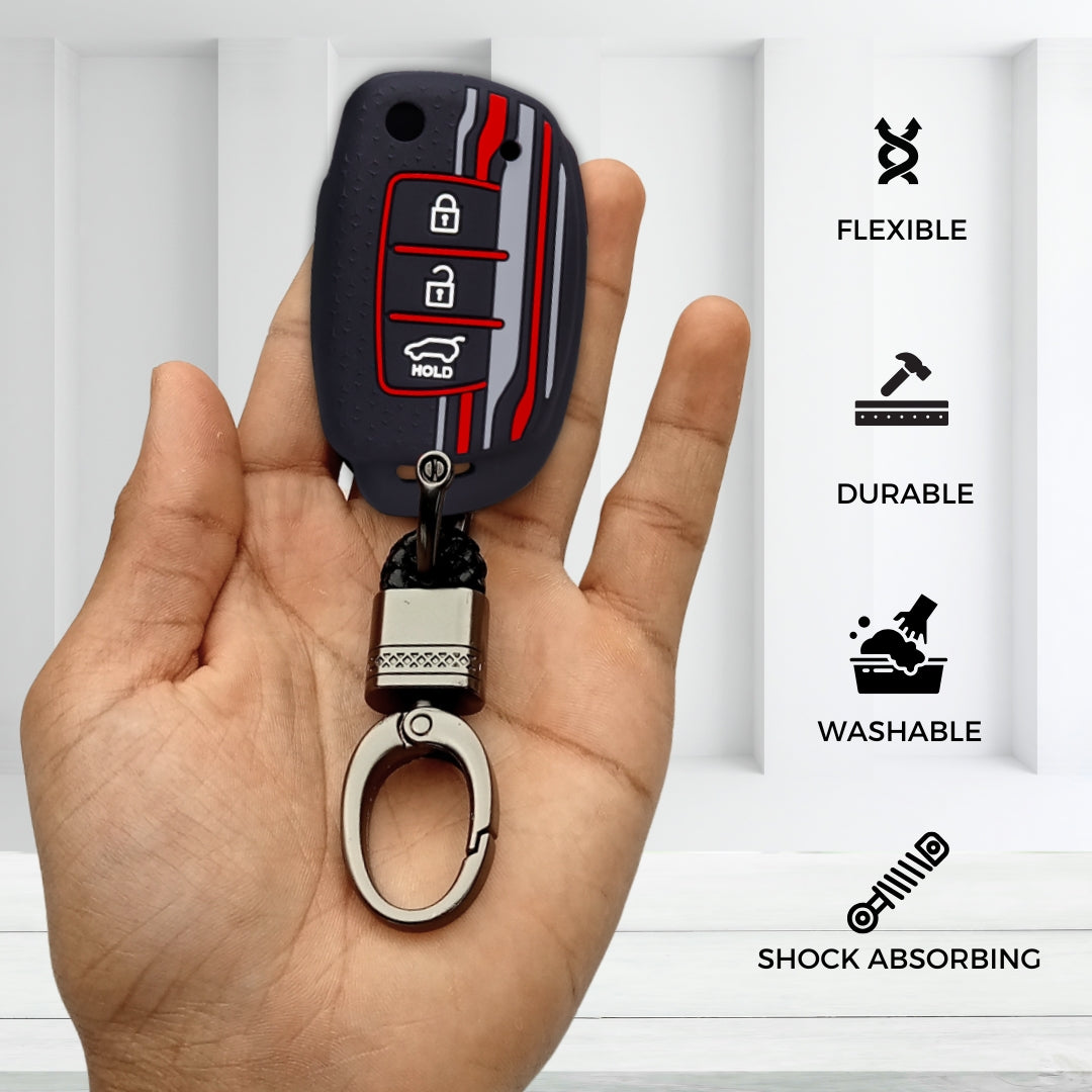 Keycept Tristar Silicone Car Key Cover for Hyundai Creta, Venue, Aura, i20, Grand i10 Nios, Xcent 3 Button Flip Key with Keychain (Type K4)