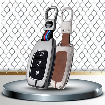 Keycept Metal Alloy Car Key Cover for Hyundai Grand i10 NIOS Asta, Venue, i20, Aura, Creta, Elantra - 3 Button Smart Key Cover with Keychain (Dual Black & Tan)