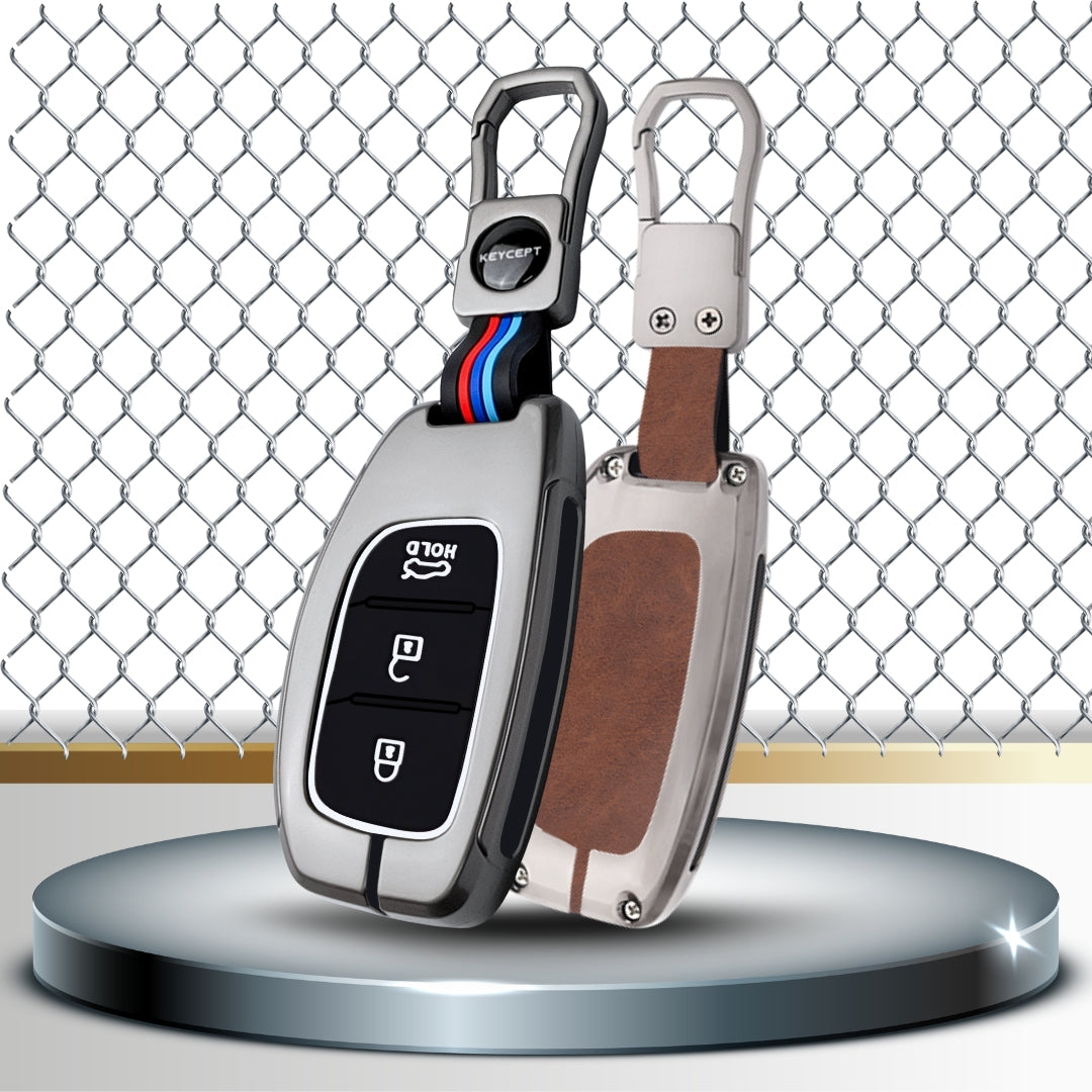 Keycept Metal Alloy Car Key Cover for Hyundai Grand i10 NIOS Asta, Venue, i20, Aura, Creta, Elantra - 3 Button Smart Key Cover with Keychain (Black And Tan)