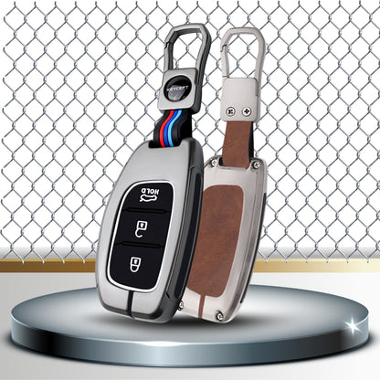 Keycept Metal Alloy Car Key Cover for Hyundai Grand i10 NIOS Asta, Venue, i20, Aura, Creta, Elantra - 3 Button Smart Key Cover with Keychain (Black And Tan)
