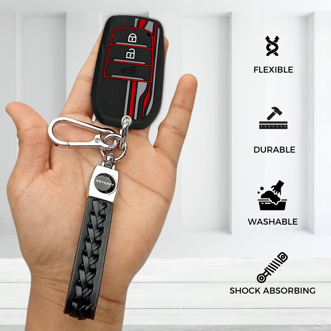 TriStar Silicone Key Cover for Toyota Innova, Crysta, Hycross & Fortuner 3 Button Smart Key with Keychain