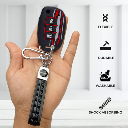 Keycept Tristar Silicone Car Key Cover for Hyundai Creta, Venue, Aura, i20, Grand i10 Nios, Xcent 3 Button Flip Key with Keychain (Type K5)