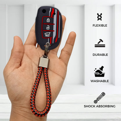 Keycept Tristar Silicone Car Key Cover for Hyundai Creta, Venue, Aura, i20, Grand i10 Nios, Xcent 3 Button Flip Key with Keychain (Type K6)