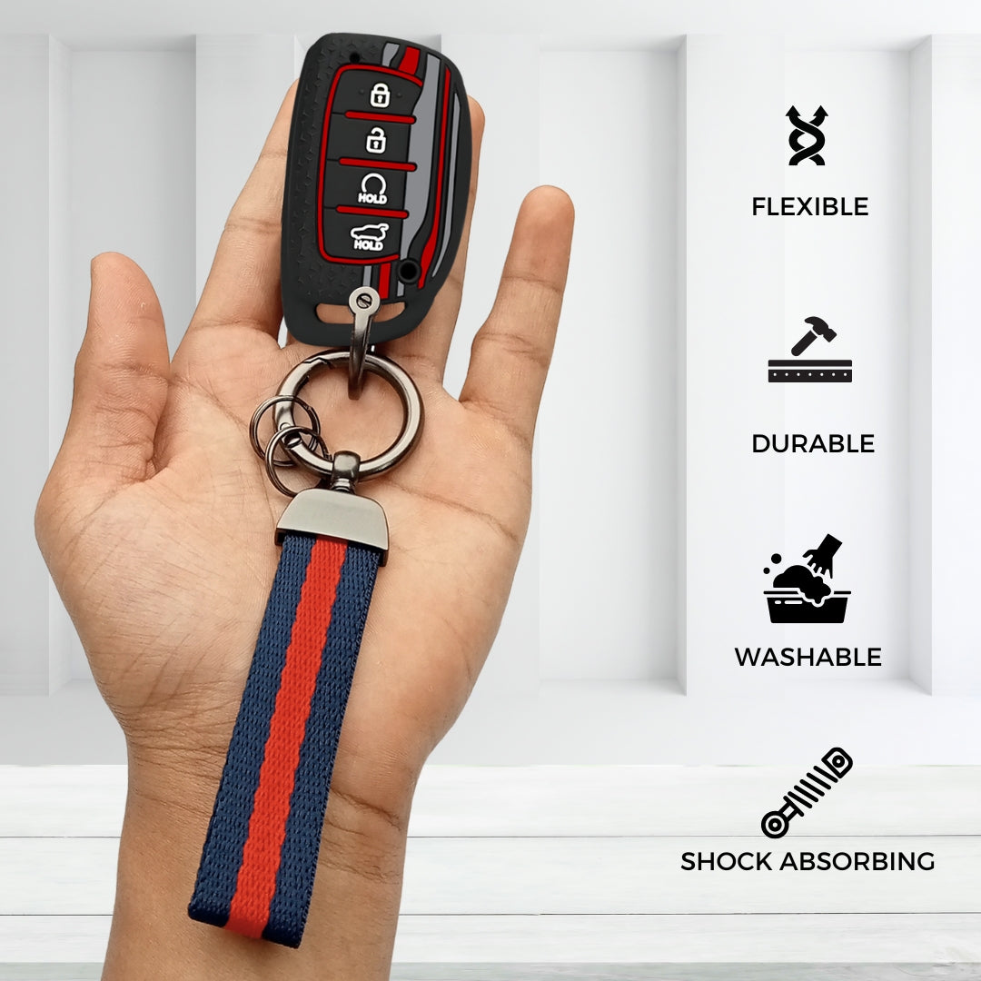 Black TriStar Silicone Key Cover for Hyundai Alcazar, Creta 2021+ With Keychain