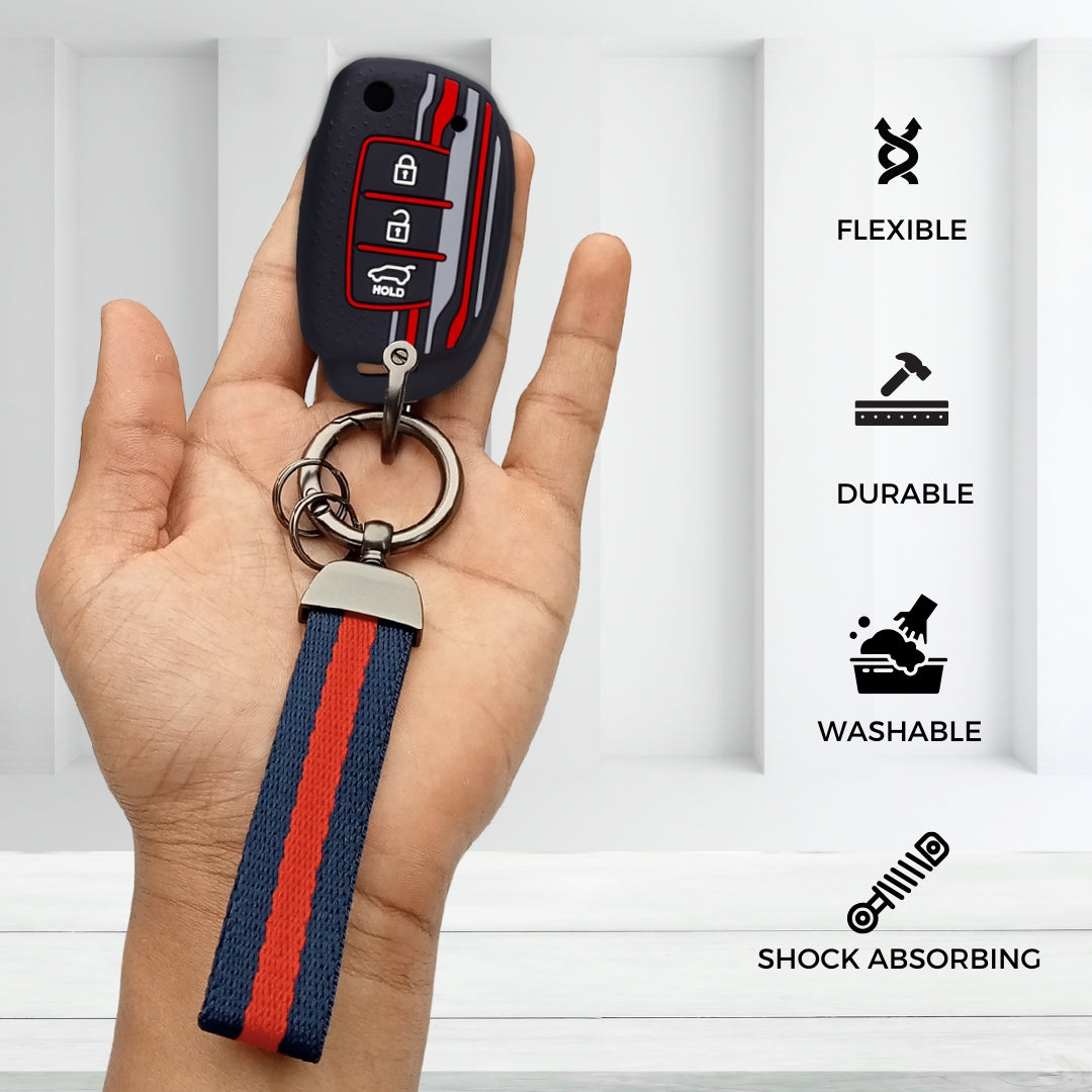 Keycept Tristar Silicone Car Key Cover for Hyundai Creta, Venue, Aura, i20, Grand i10 Nios, Xcent 3 Button Flip Key with Keychain (Type K7)