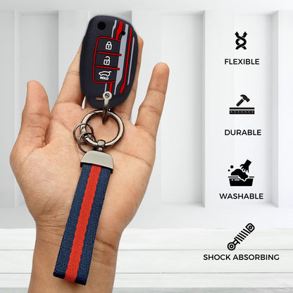 Keycept Tristar Silicone Car Key Cover for Hyundai Creta, Venue, Aura, i20, Grand i10 Nios, Xcent 3 Button Flip Key with Keychain (Type K7)