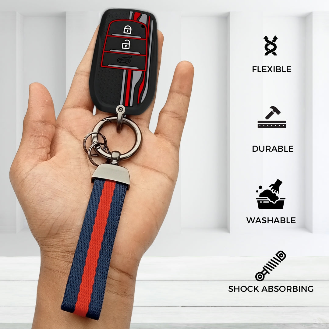 TriStar Silicone Key Cover for Toyota Innova, Crysta, Hycross & Fortuner 3 Button Smart Key with Keychain