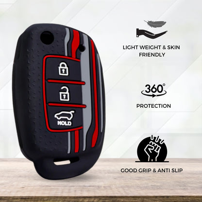 Keycept Tristar Silicone Car Key Cover for Hyundai Creta, Venue, Aura, i20, Grand i10 Nios, Xcent 3 Button Flip Key with Keychain (Type K1)