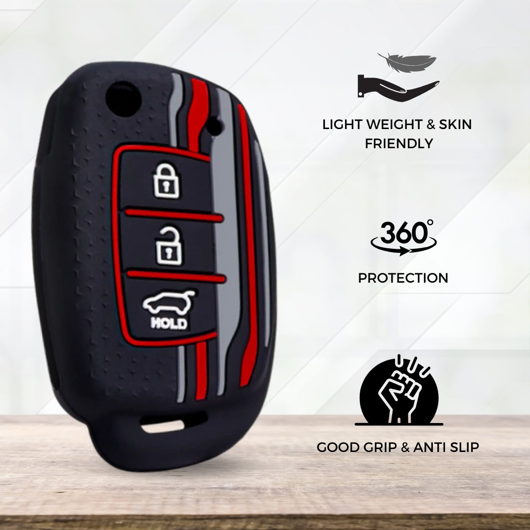 Keycept Tristar Silicone Car Key Cover for Hyundai Creta, Venue, Aura, i20, Grand i10 Nios, Xcent 3 Button Flip Key with Keychain (Type K2)