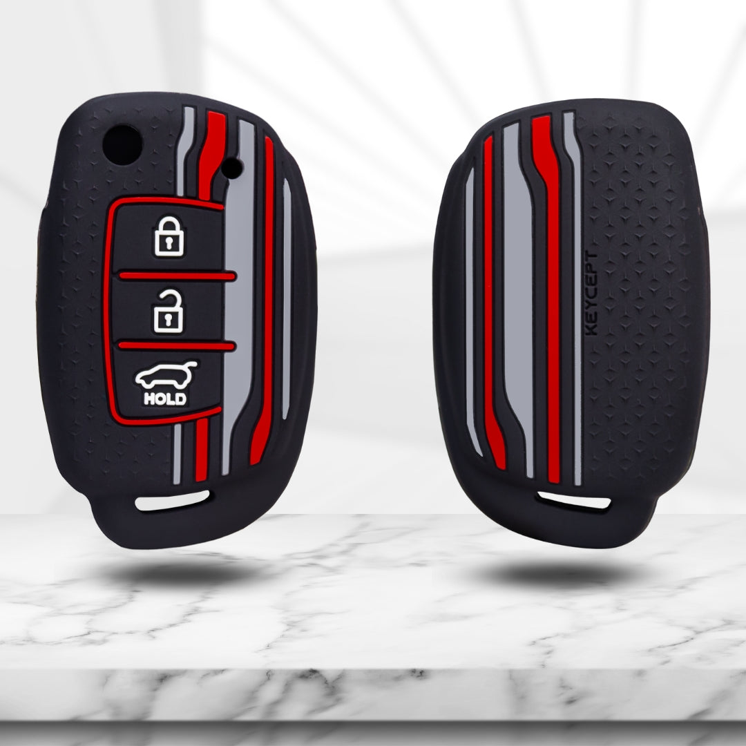 Keycept Tristar Silicone Car Key Cover for Hyundai Creta, Venue, Aura, i20, Grand i10 Nios, Xcent 3 Button Flip Key with Keychain (Type K7)