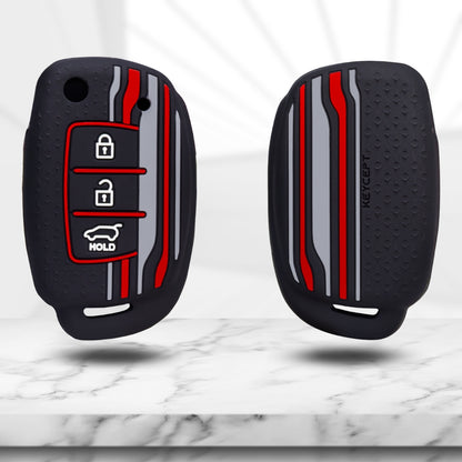 Keycept Tristar Silicone Car Key Cover for Hyundai Creta, Venue, Aura, i20, Grand i10 Nios, Xcent 3 Button Flip Key with Keychain (Type K4)