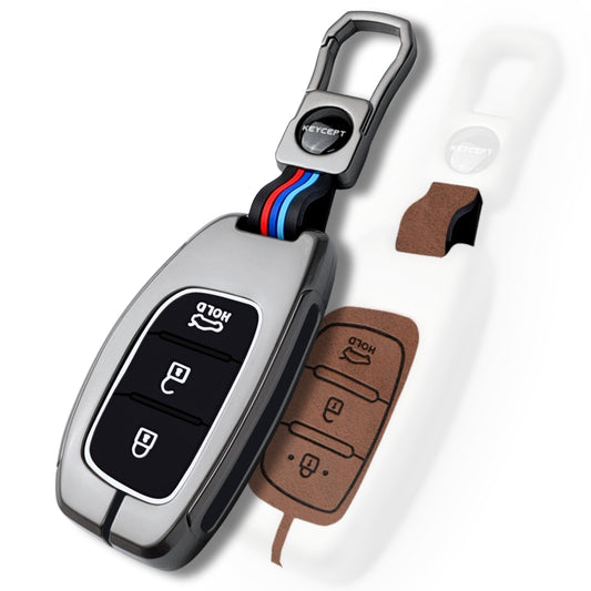Keycept Metal Alloy Car Key Cover for Hyundai Grand i10 NIOS Asta, Venue, i20, Aura, Creta, Elantra Key Cover with Keychain (Dual Black & Tan)