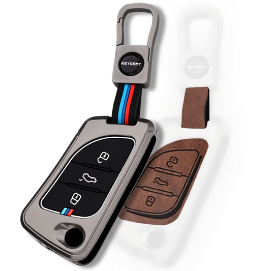 Keycept Metal Alloy Car Key Cover for Universal KD/ Xhorse, LX-B30 universal remote flip Key Cover with Keychain (Dual Black & Tan)