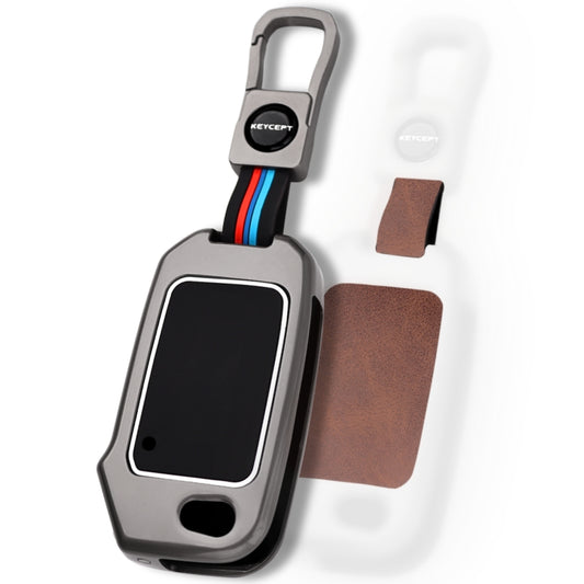 Keycept Metal Alloy Car Key Cover for Kia Seltos, Sonet, Carens 3 Button Flip Key Cover with Keychain (Dual Black & Tan)