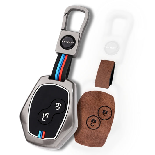 Keycept Metal Alloy Car Key Cover for Renault Logan, Duster, Verito, Lodgy 2 Button Key Cover with Keychain (Dual Black & Tan)