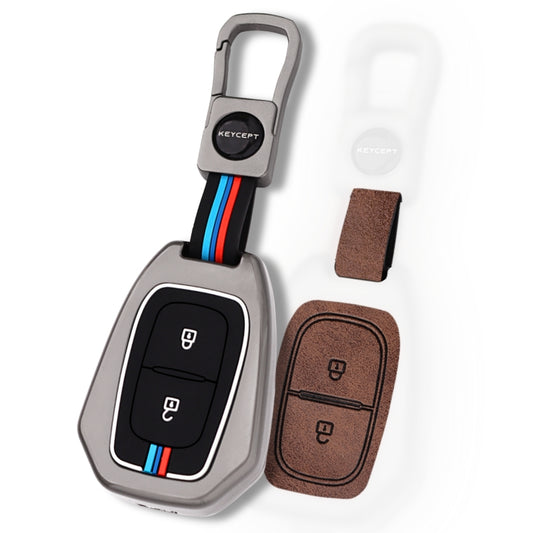 Keycept Metal Alloy Car Key Cover for Renault Kiger, Kwid, Duster 2 Button Remote Key Cover with Keychain (Dual Black & Tan)