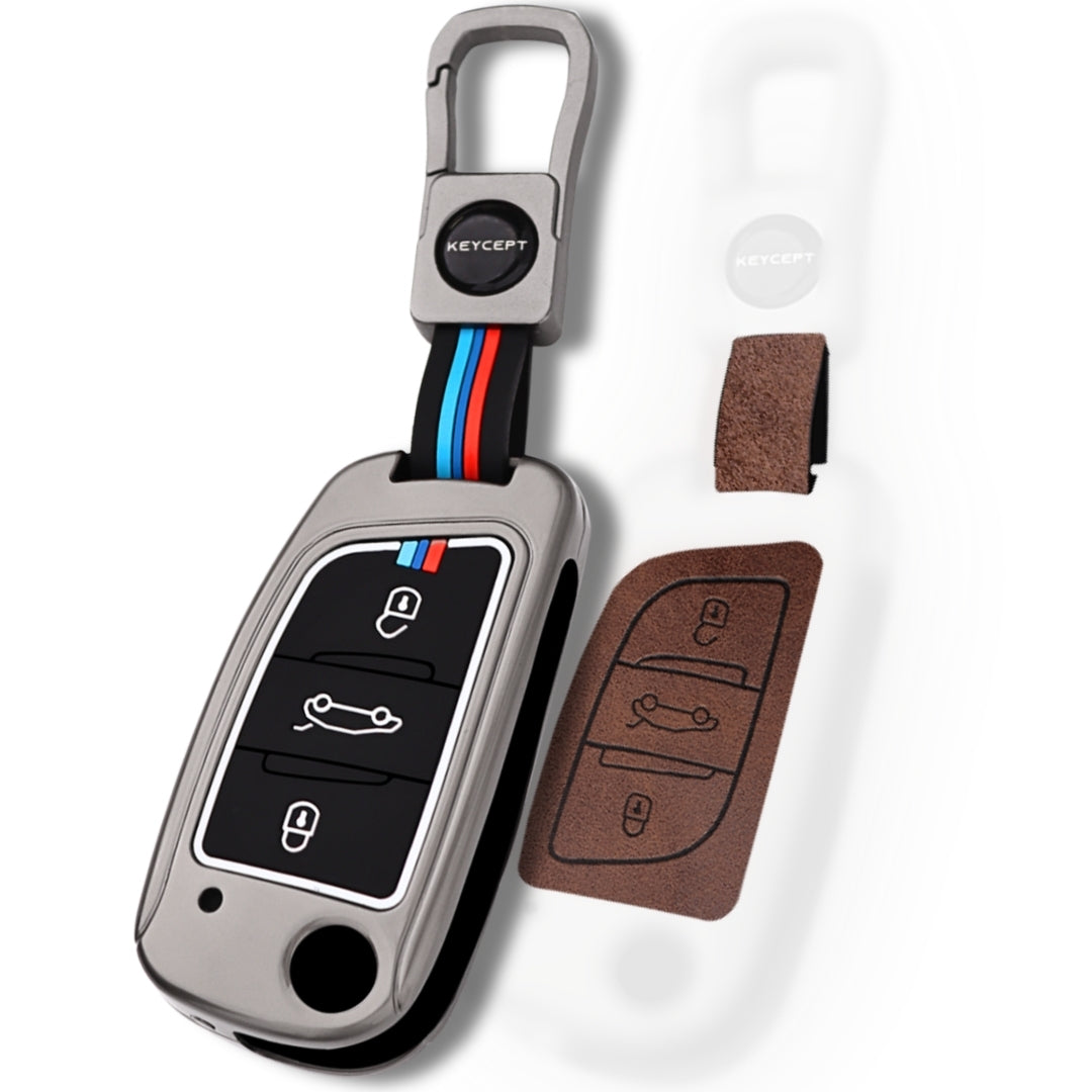 Keycept Metal Alloy Car Key Cover for Universal B11 DS aftermarket remote Key Cover with Keychain (Dual Black & Tan)