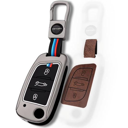 Keycept Metal Alloy Car Key Cover for Universal B11 DS aftermarket remote Key Cover with Keychain (Dual Black & Tan)