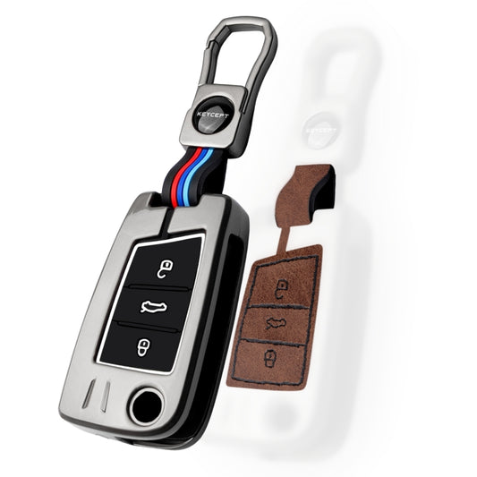 Keycept Metal Alloy Car Key Cover for Skoda/Volkswagen Kushaq, Octavia, Kodiaq, Superb, Slavia, Passat, Virtus, T Roc Key Cover with Keychain (Dual Black & Tan)