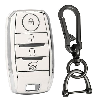 Silver Line TPU Key Cover Suitable For Kia Seltos, Sonet, Carnival, Carens 4 Button Smart key with Keychain 1(Hold Down).