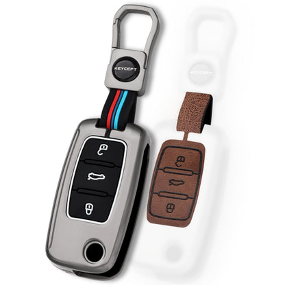 Keycept Metal Alloy Car Key Cover for Skoda/ Volkswagen Polo, Vento, Jetta, Ameo, Passat, Rapid Laura Superb Octavia, Fabia, Yeti 3 button Flip key  Cover with Keychain (Dual Black & Tan)
