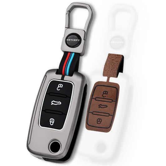 Keycept Metal Alloy Car Key Cover for Skoda/ Volkswagen Polo, Vento, Jetta, Ameo, Passat, Rapid Laura Superb Octavia, Fabia, Yeti 3 button Flip key  Cover with Keychain (Dual Black & Tan)