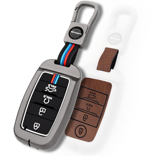 Keycept Metal Alloy Car Key Cover for Kia Seltos, Sonet, Carens Key Cover with Keychain (Dual Black & Tan)